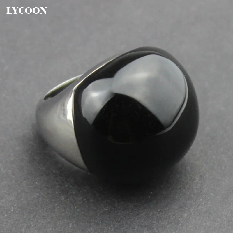 LYCOON Fashion 316L Stainless steel smooth polishing big black stone rings ball shape Onyx stone for woman luxury ring