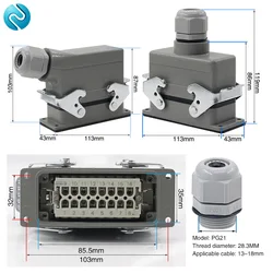 Rectangular  Heavy Duty Connector 16 Pins   line connector 16 A 500V screw feet of aviation plug on the side