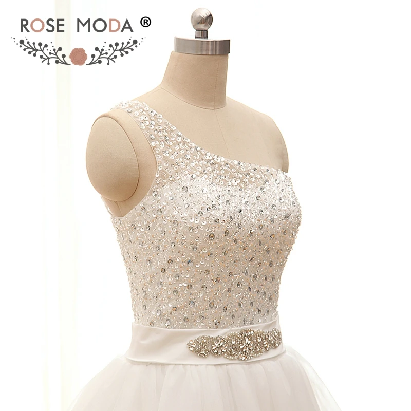 Rose Moda Beaded One Shoulder Princess Wedding Dress with Crystal Sash Real Photos