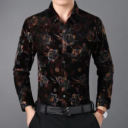 Beautiful Flower Luxury Shirts For Men Fashion Casual Long Sleeved Autumn High Quality Velvet Soft Comfortable Camisas De Hombre