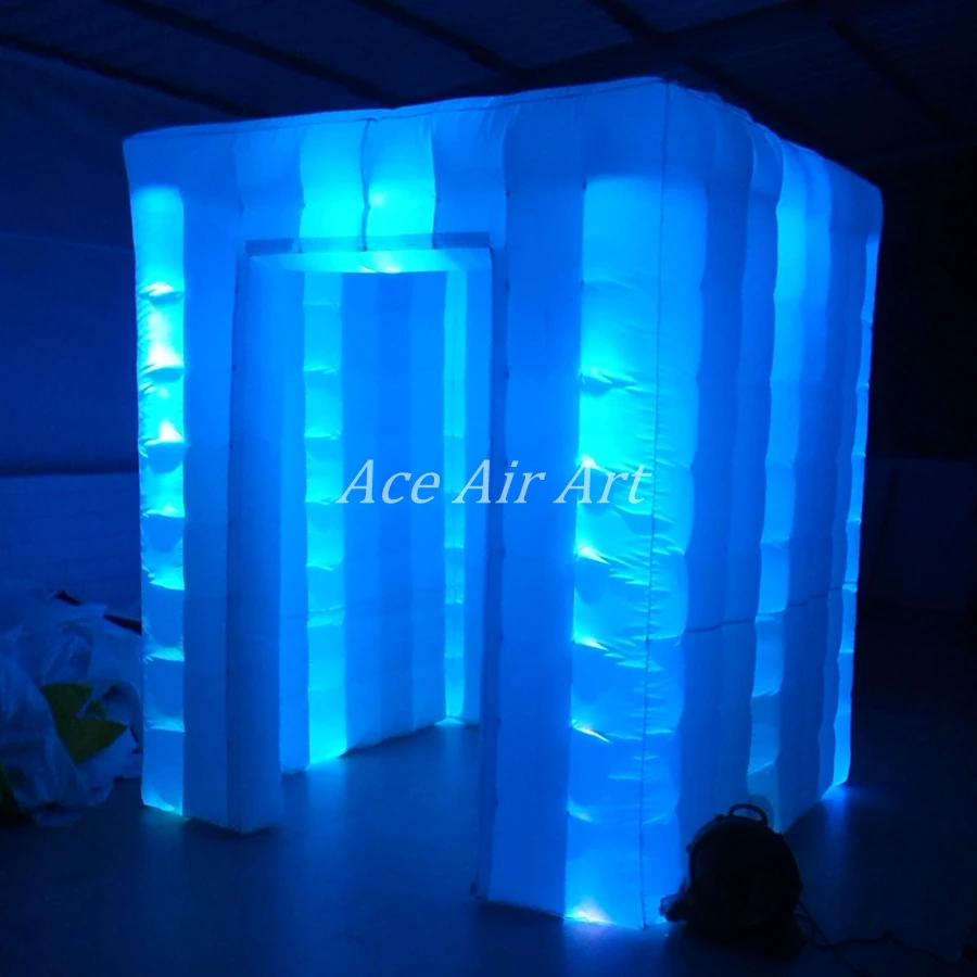 Bright LED Cube Inflatable Booth Tent, 2 Sticker Doors Cover for Party Event