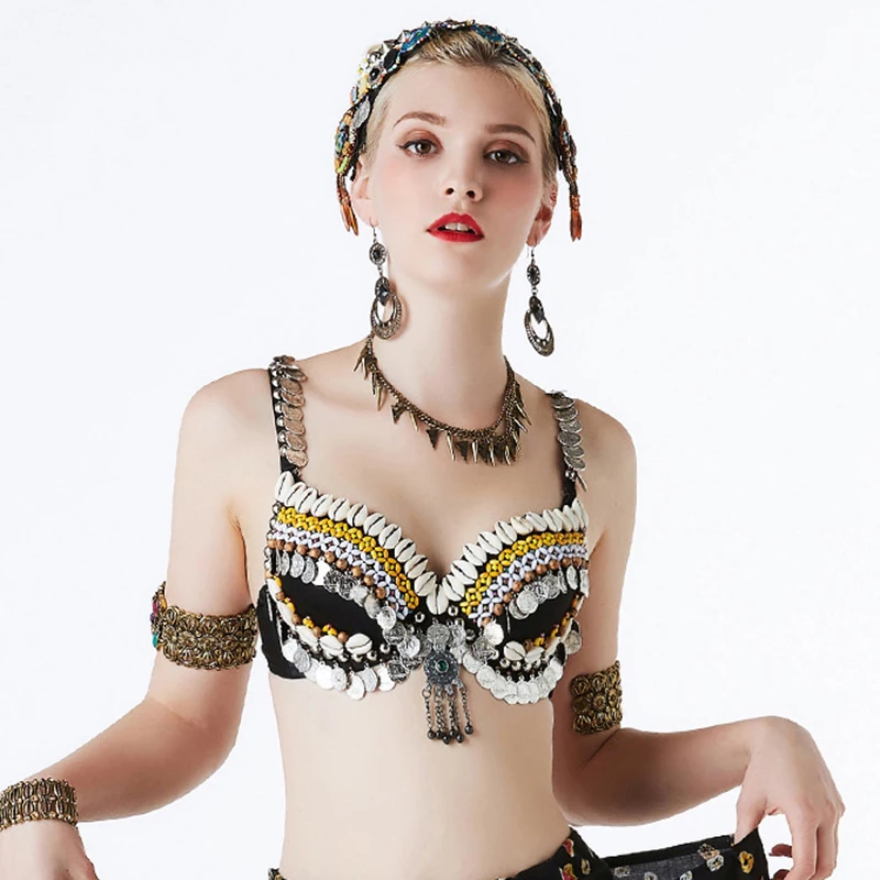 New Arrivals 2019 ATS Tribal Belly Dance Beads Bra Push Up Beaded Bra B/C Cup Vintage Gypsy Dance Bra Tops with Coins