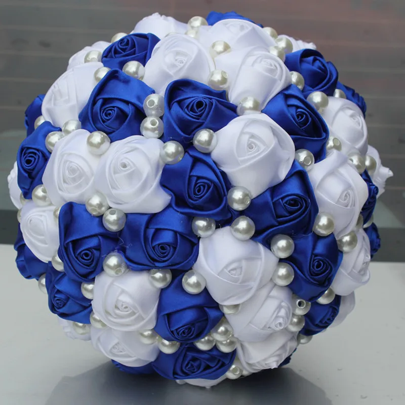 POP NEW Royal Blue White Color Pearls Beaded Bridal Wedding Bouquets Simple Durable Half Ball Bow Stitch Holding Flowers W322-5