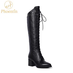 Phoentin black lace-up high knee boots fretwork 2023 zipper genuine leather boots women five stars metal decoration shoes FT475