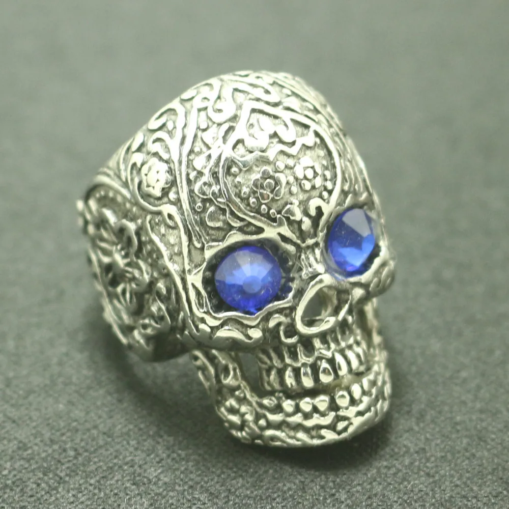 Size 6 To Size 16 Boy 316L Stainless Steel Cool Flower Blue Stone Eye Skull Biker Classic Ring