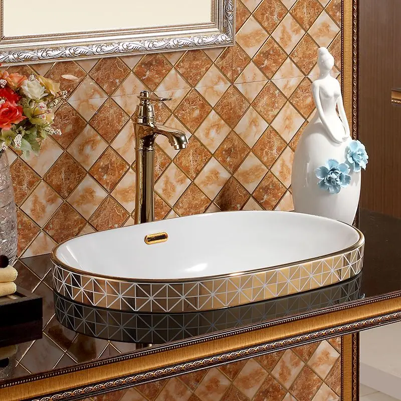 Chinese Gold Mosaic Ceramic oval Semi Countertop Bathroom Sink Art Basin With Overflow bathroom porcelain sink