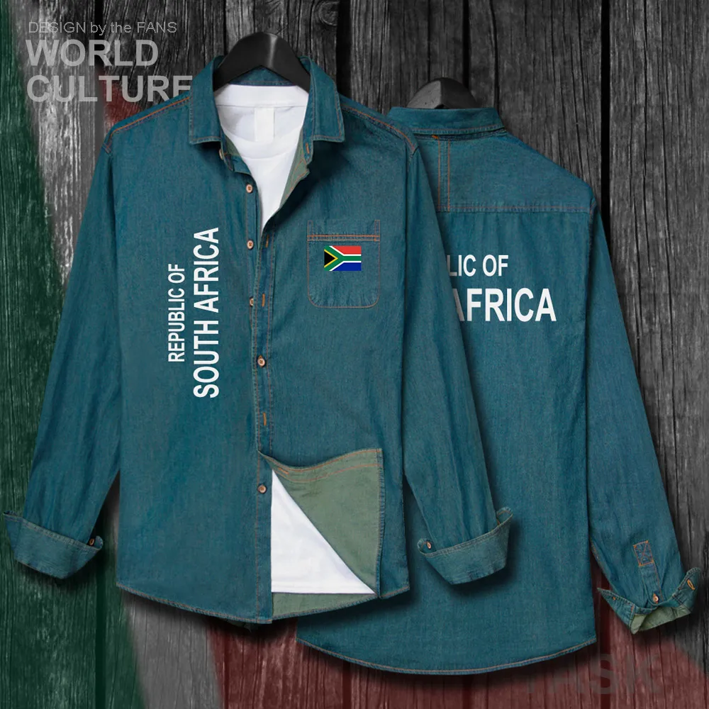 

South Africa RSA African ZAF Men Nation Flag Clothes Autumn Cotton Long Sleeve Cowboy Turn-down Collar Jeans Shirt Fashion Tops