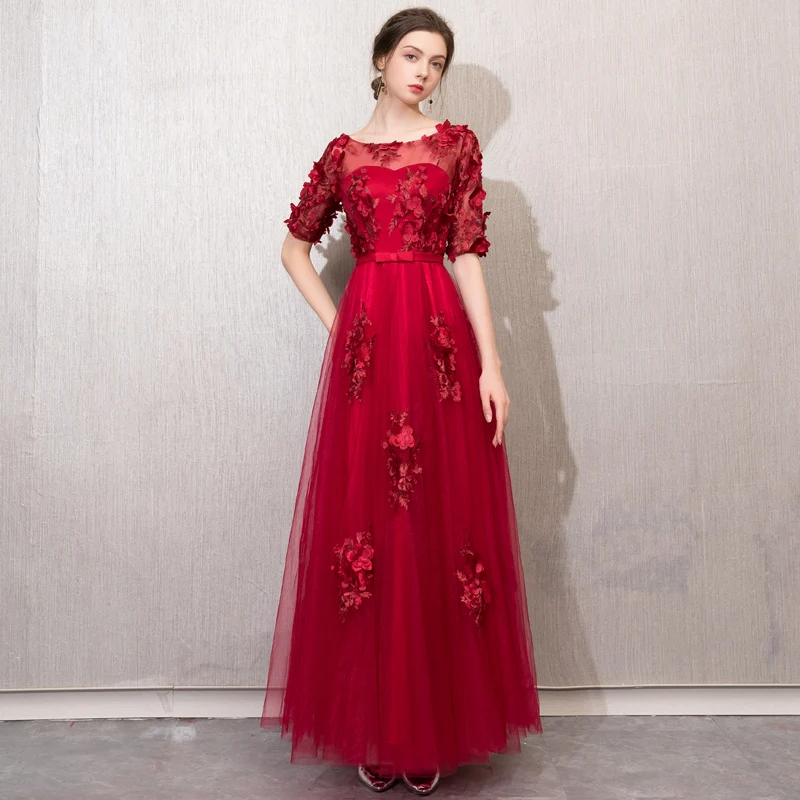 Robe de soiree Wine Red O-Neck Long Evening Dresses Elegant Lace up vestido de festa Banquet Party Prom dresses customized