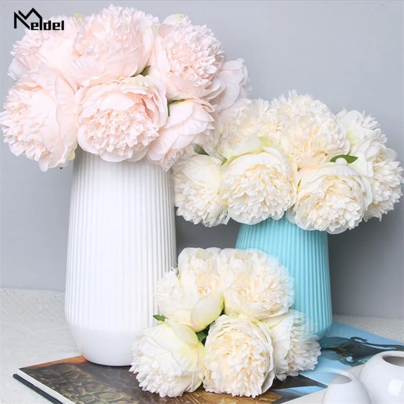 Meldel Bridal Wedding Bouquet Artificial 5 Heads Rose Peony Bouquet Bridesmaids Holder Flower DIY Home Decor Wedding Supplies