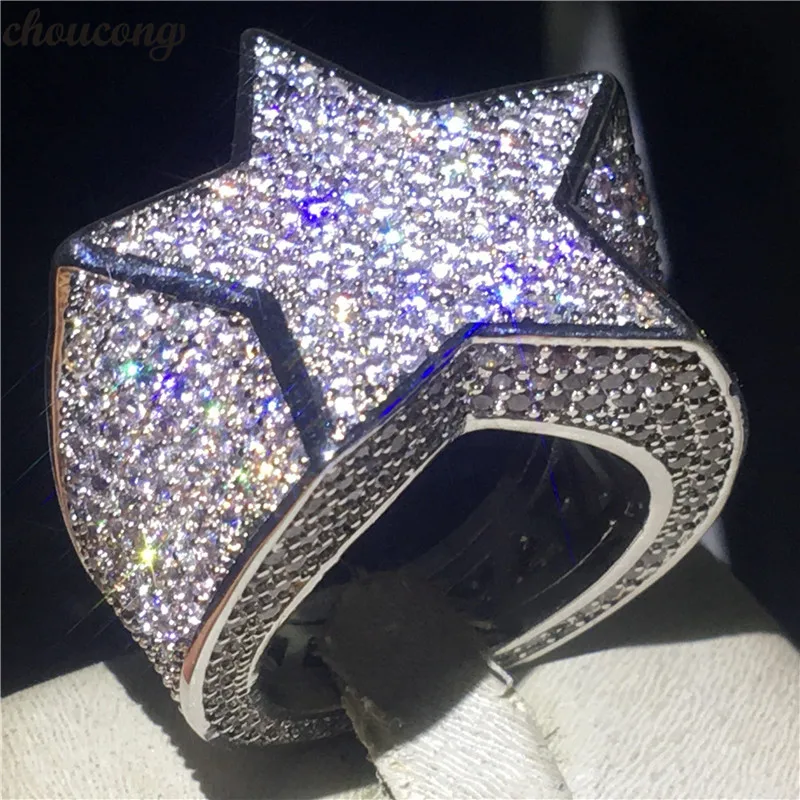 

Big Star Male Hiphop Ring Micro Pave 500pcs AAAAA Cz Party Anniversary Band Rings For Men Fashion Rock Jewelry