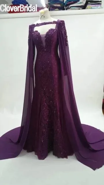 Domineering mermaid eggplant purple evening dress with cloak celebrity dresses chiffon outlayer red carpet dresses