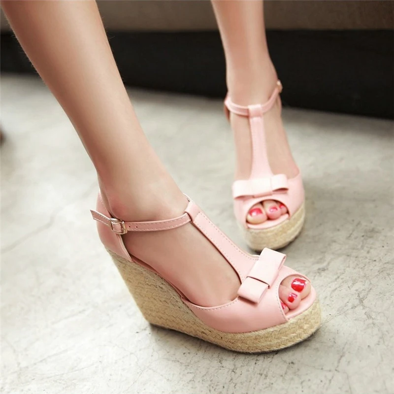 Bow Straw High Heels Gladiator Platform Sandals For Women Simple Summer Buckle T-Strap Pu Leather White Wedge Lolita Shoes Woman
