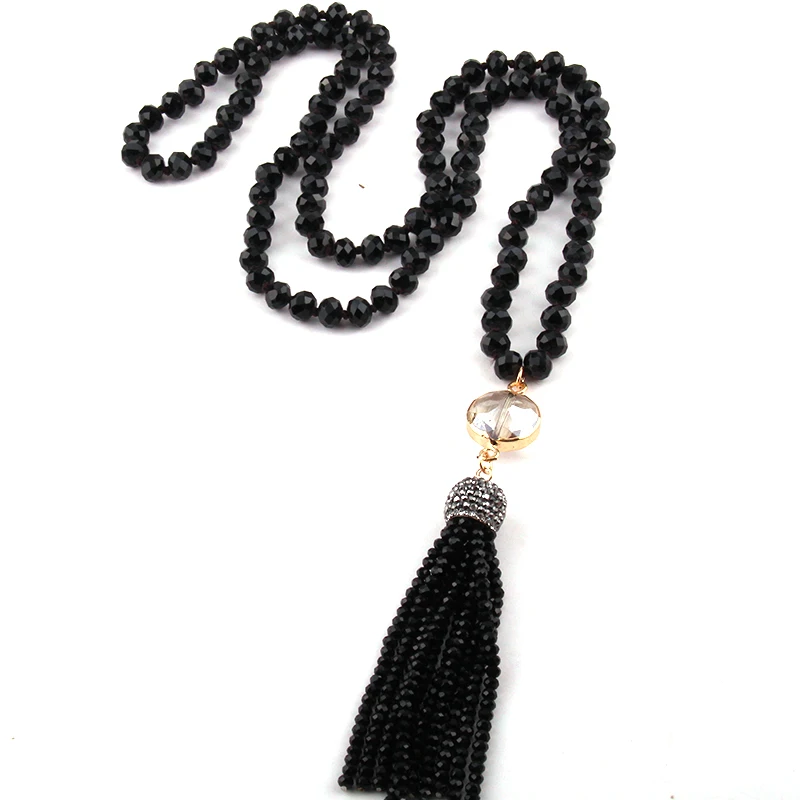 Fashion Bohemian Tribal Jewelry Long Glass Knotted Crystal Link Tassel Necklaces Women Ethnic Necklace