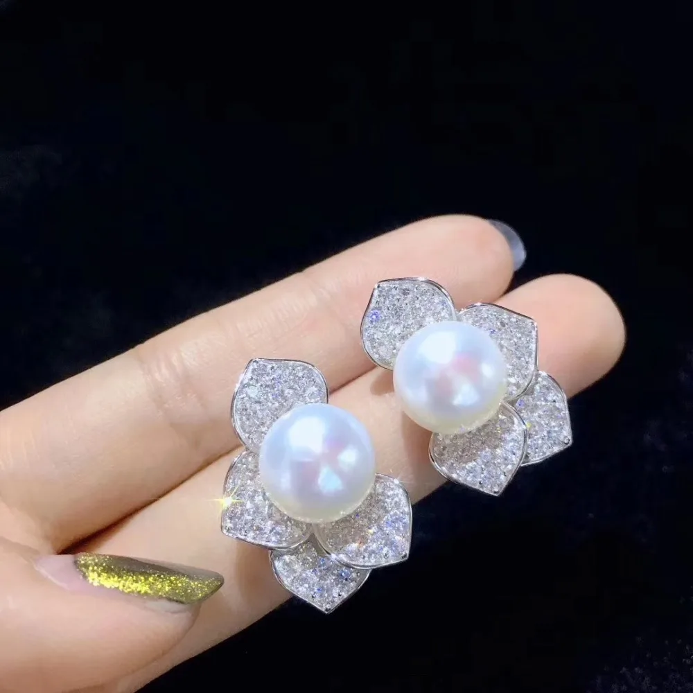 

11-12MM natural fresh water pearl stud earring 925 sterling silver with cubic zircon leaf stud earring fine women jewelry