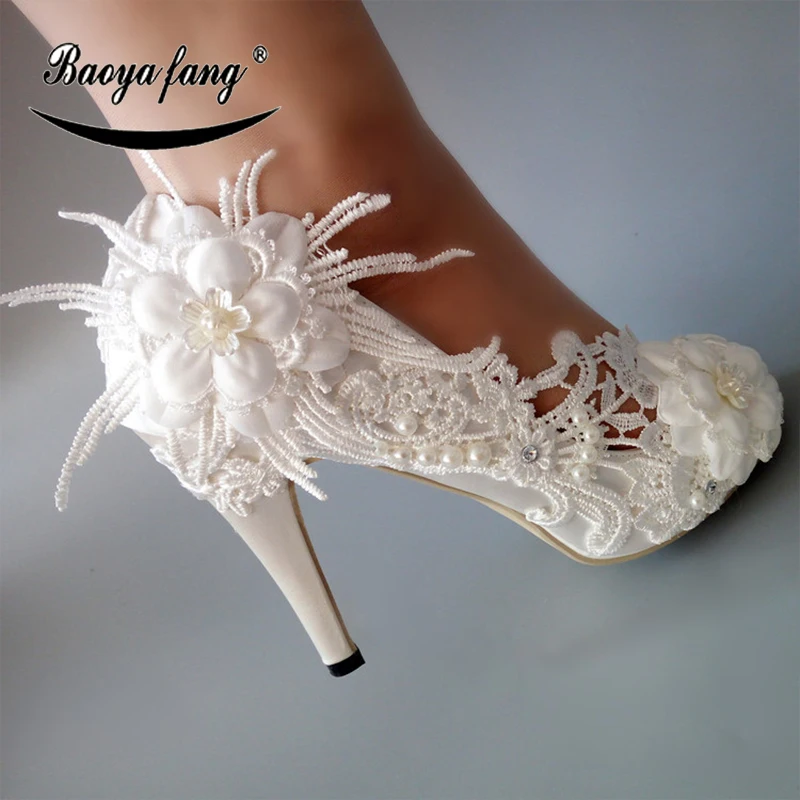 

BaoYaFang New White Lace flower shoes woman High heels Pumps Womens wedding shoes Peep Toe fashion shoes