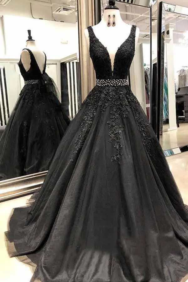 

Black Long Prom Dresses 2024 Beading V-Neck Ball Gown Tulle Appliques Lace Saudi Arabic Evening Dress Gown abiye gece elbisesi