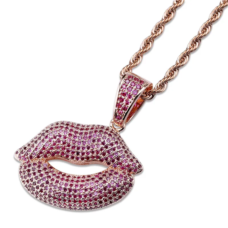 Lucky Sonny Charming Lip Pendant & Necklace with Rope Chain Rose Gold Color Red CZ Iced Pendant Female Hip Hop Party Men Jewelry