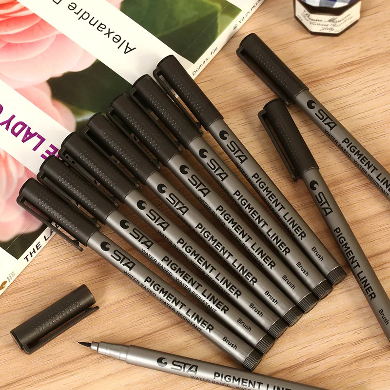 1Pcs STA Art Marker Brush Pen Ink Black Pigment Liner Water Based for Drawing Painting Hand Writing