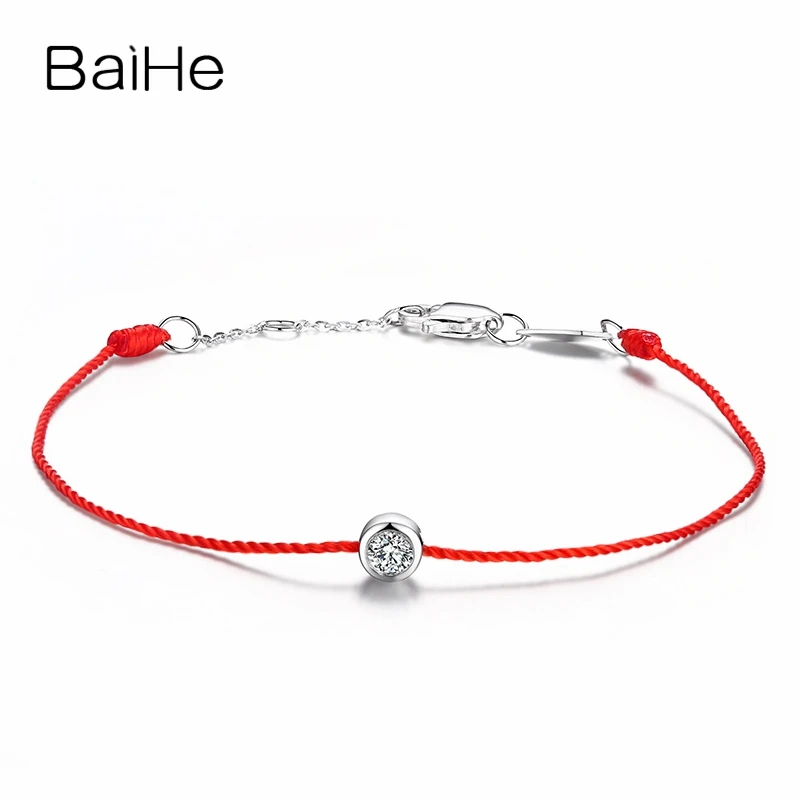 BAIHE Solid 18k White Gold SI/H Full Cut Natural Diamond Red String Bracelet Women Men Fine Jewelry Daily wear Braceletas