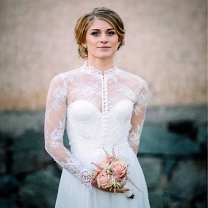 Vestes de mariée en dentelle avec Appliques, chemisier blanc ivoire boléro pour mariage sur mesure, col haut avec manches longues, nouvelle collection