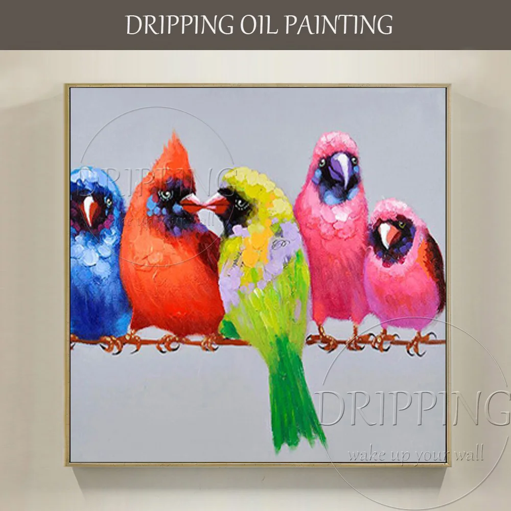 Artist Hand-painted High Quality Colorful Parrot Birds Oil Painting on Canvas Knife Painting Four Birds Parrot Oil Painting