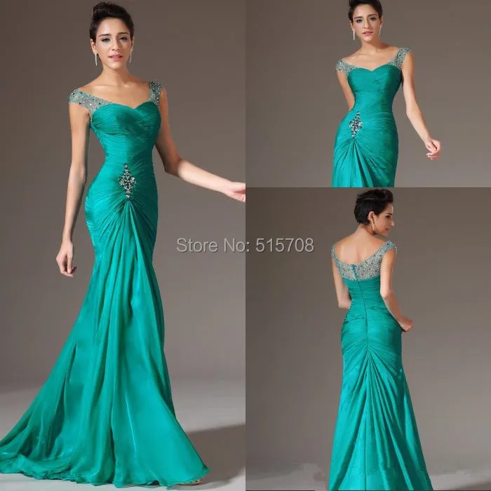 

Best Selling Sheath Sweetheart Floor Length Turquoise Chiffon Cap Sleeve Beaded Pleats Prom Party Bridemaid Long Evening Dress