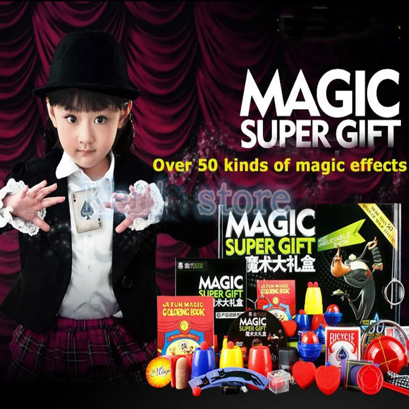 Magic Trick Set kit 50 Kinds Magic Play with DVD Teaching Professional Magie Prop Gimick Card children magic gift Puzzle Toy