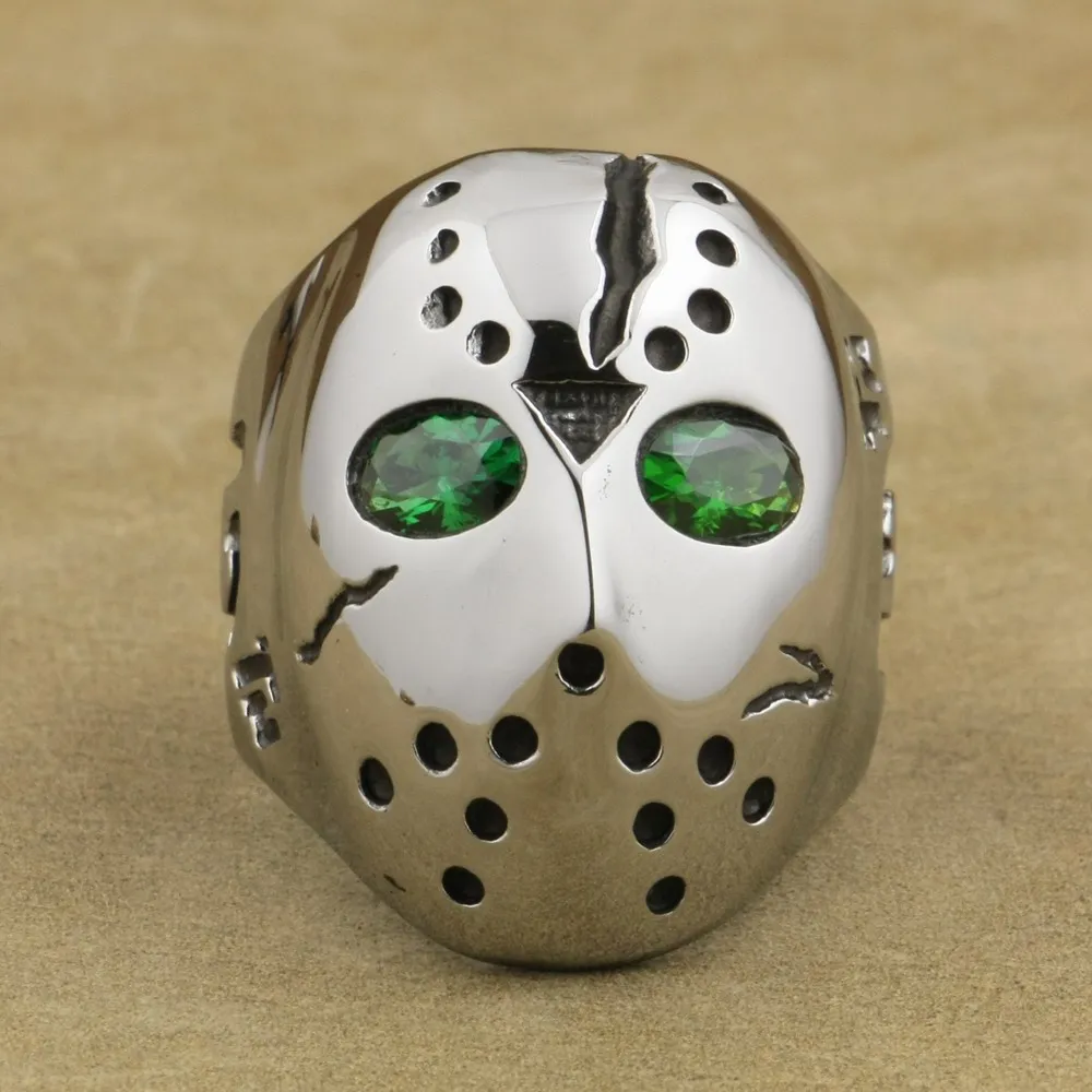 316L Stainless Steel Halloween Jason Hockey Green CZ Eyes Mens Ring 3F201A