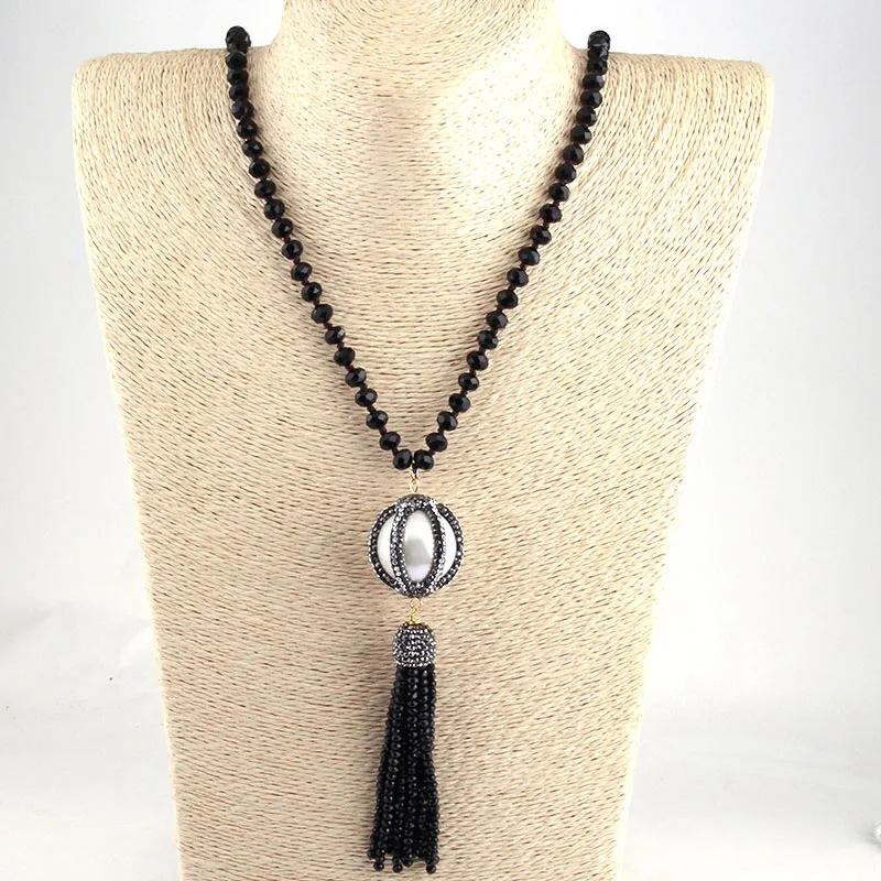 Fashion Bohemian Tribal Jewelry Black/White Crystal Glass Knotted Handmake Paved Big Ball and Tasse Necklaces