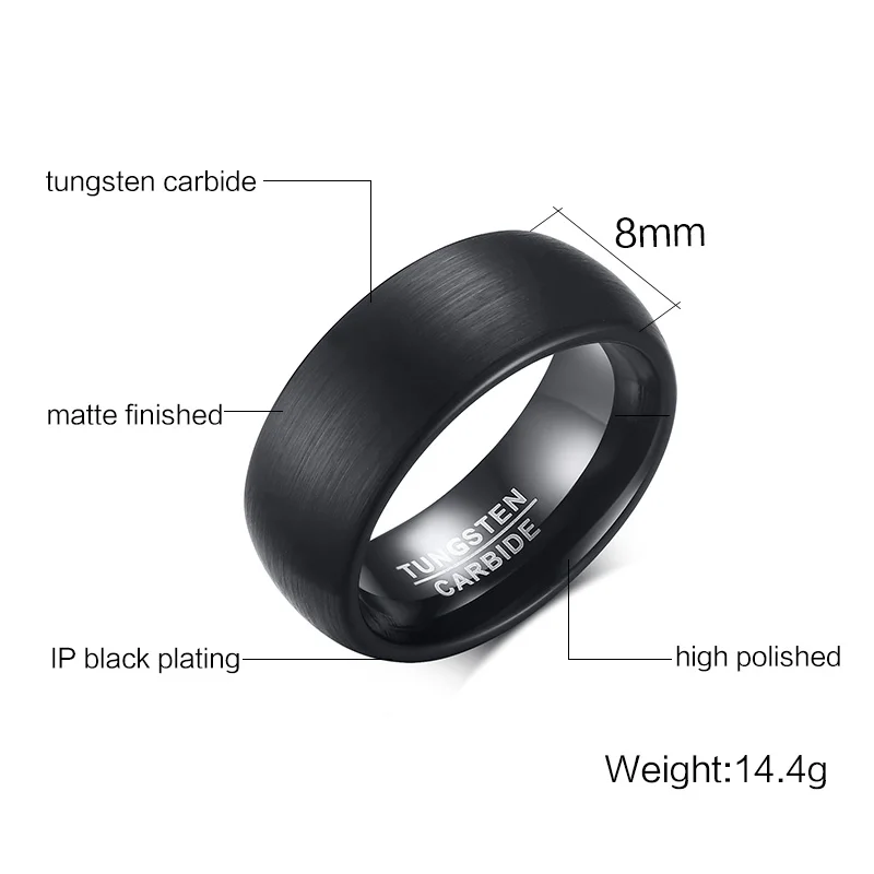 Vnox 8mm Tungsten Carbide Wedding Band Ring for Men Black Color Not Ccratch