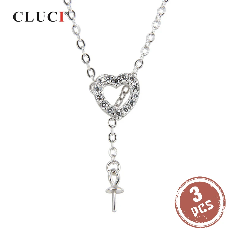 

CLUCI 3pcs 925 Sterling Silver Bling Heart Pendant Zircons Necklace Silver 925 Pearl Necklace Mounting Jewelry for Women SN007SB