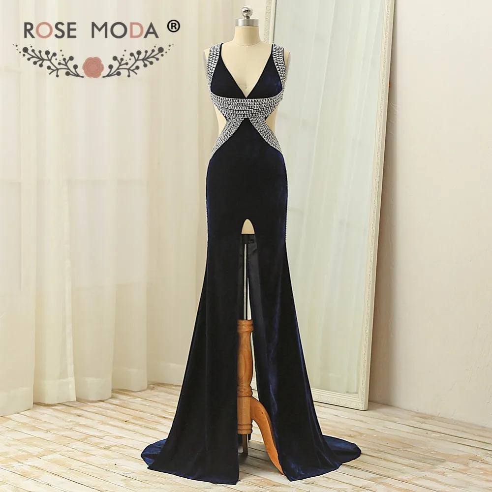 Rose Moda مثير الخامس الرقبة البحرية المخملية فستان سهرة مع شق عالية صور حقيقية