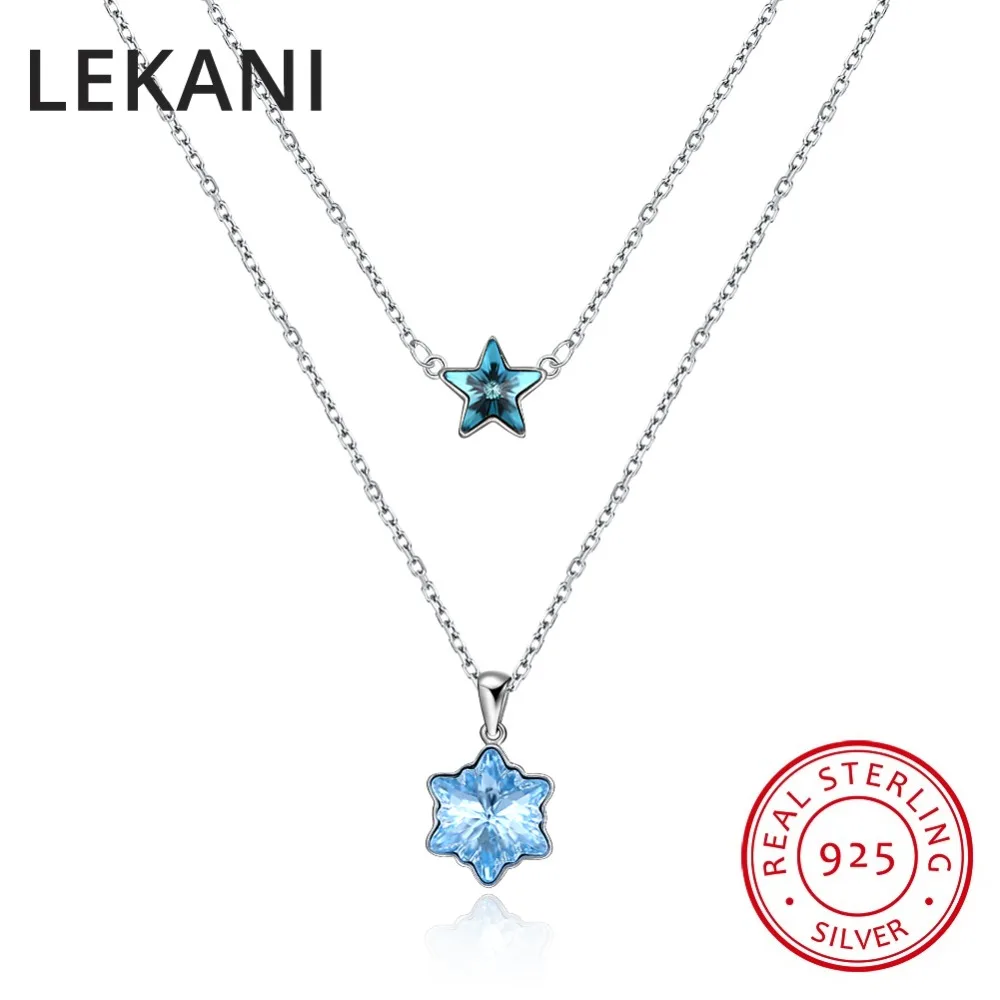 

LEKANI Trendy Crystals From Austria Snowflake Star Pendants Necklaces Real S925 Silver Double Chains Collier For Women Wedding