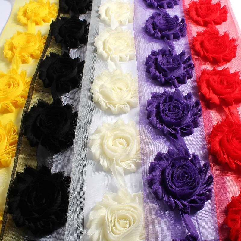 

30yard/lot 2.6'' 15Colors Artificial Soft Rose Trim Shabby Frayed Chiffon 3D Fabric Flowers For Headbands /Wedding Decortions