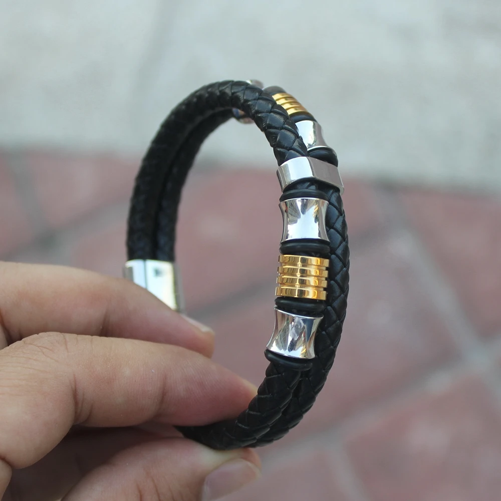 TYO خمر أسلاك الفولاذ المقاوم للصدأ الجلود الذكور أساور أساور للرجال طبقة مزدوجة نمط هندسي مزيج أساور