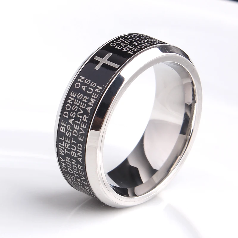 8mm black rotate English Bible cross Stainless Steel wedding rings for men women wholesale