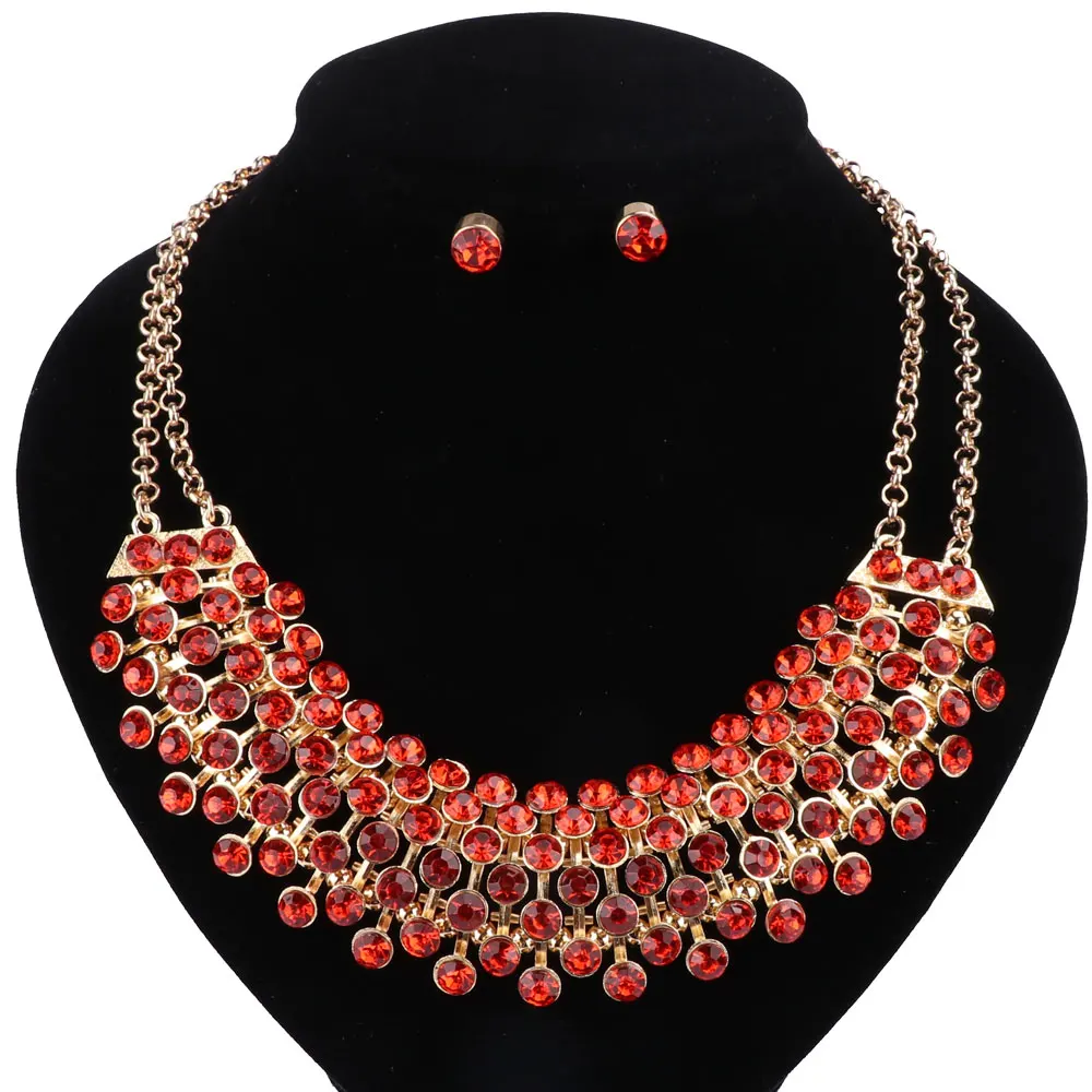 African Jewelry Sets Gold Color For Women Party Accessories Wedding Bridal Double Layers Pendant Crystal Necklace Earrings Sets