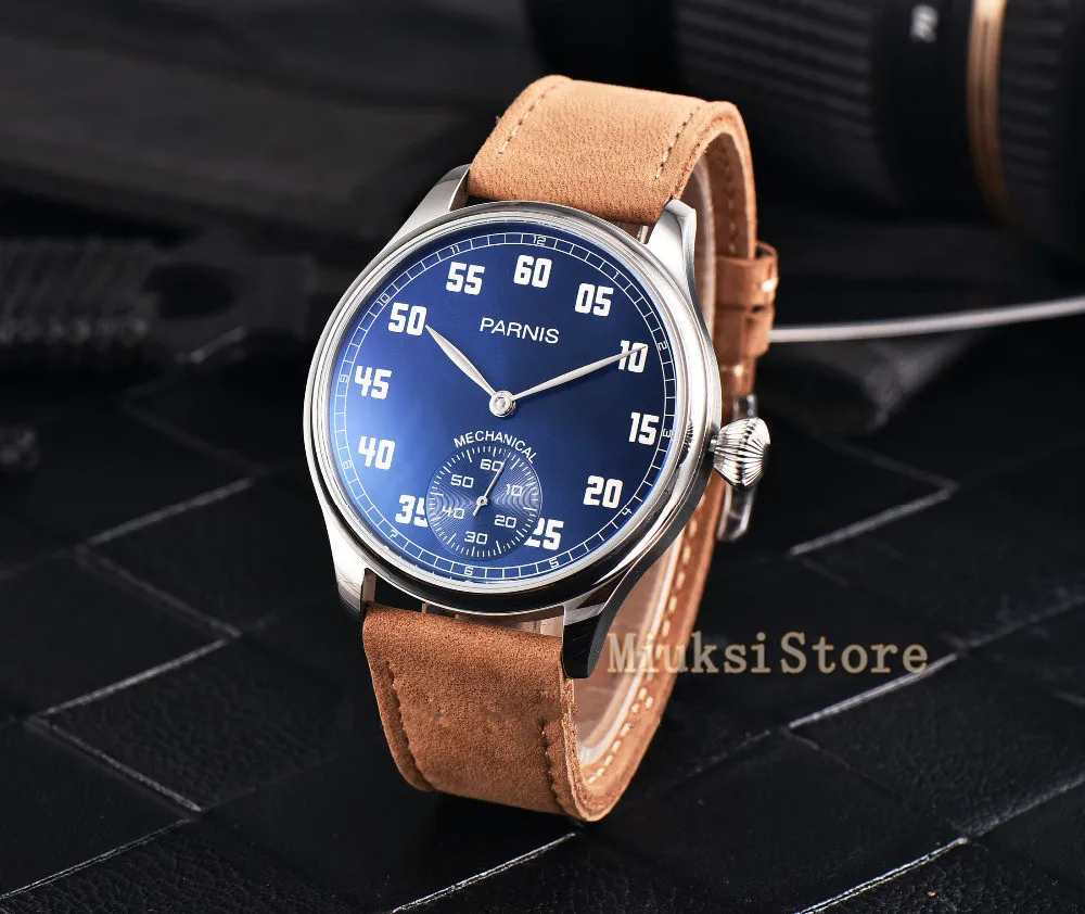 

44mm Parnis Blue Dial Luminous 6498 Hand Winding Leather Date Mechanical Fashion Men Wristwatch 2525