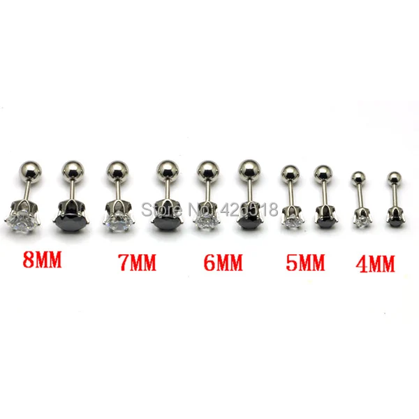 2PCS 4 5 6 7 8mm Diameter Clear Black Zircon Crystal Stainless Steel Men Women Screw Back (pierced) Stud Earrings