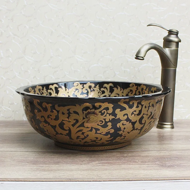 

Europe Vintage Style Ceramic wash basin wash basin black ceramic basin round counter top wash basin