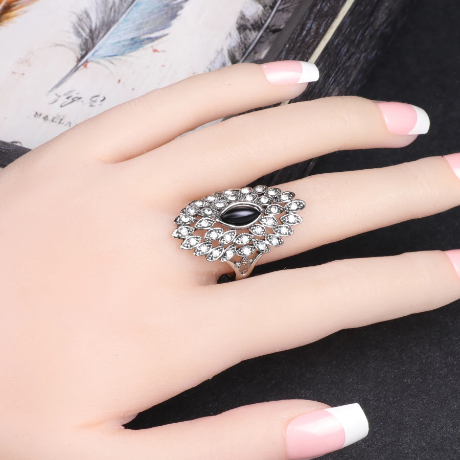 Kinel Unique Vintage Jewelry Gray Crystal Big Rings For Women Ancient Silver Color Punk Ring Female Wedding Party Crystal Gift