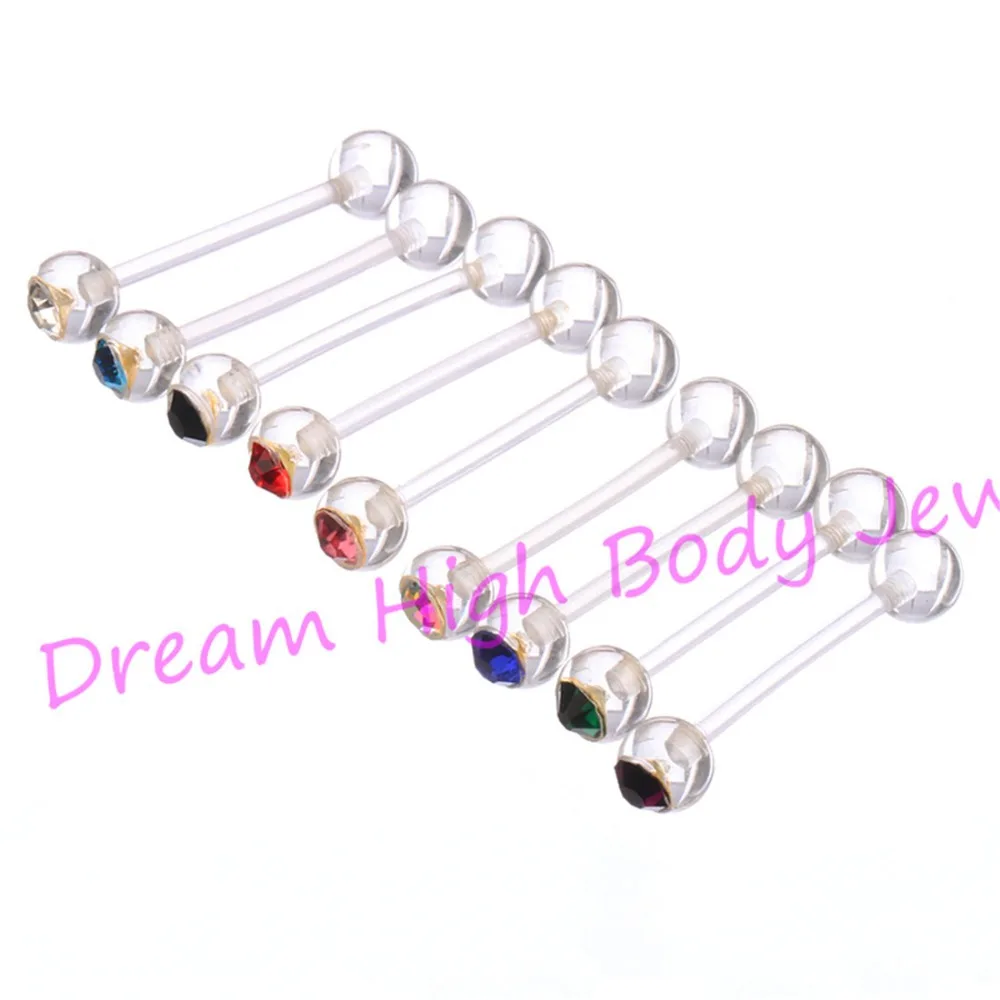 moda tongue anel bar flexivel crystal clear gem barbells 14g cores misturadas acrilico mm bola body piercing 01