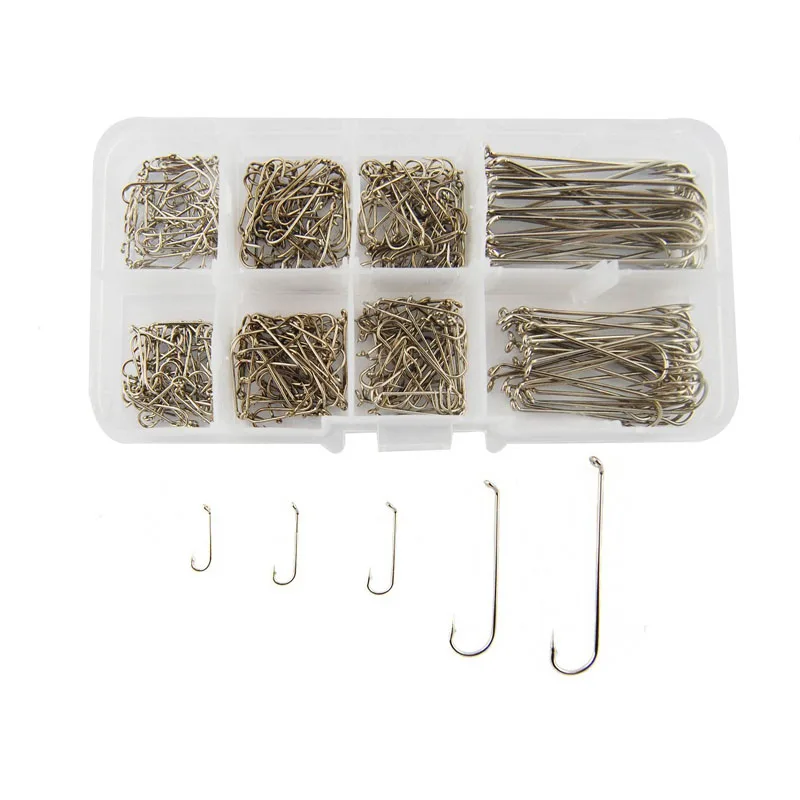 Hyaena 350pcs 79580 High Carbon Steel Fishing Hooks Silver Long Shank Dry Fly Tying Fishing Hook For Jig Set With Box