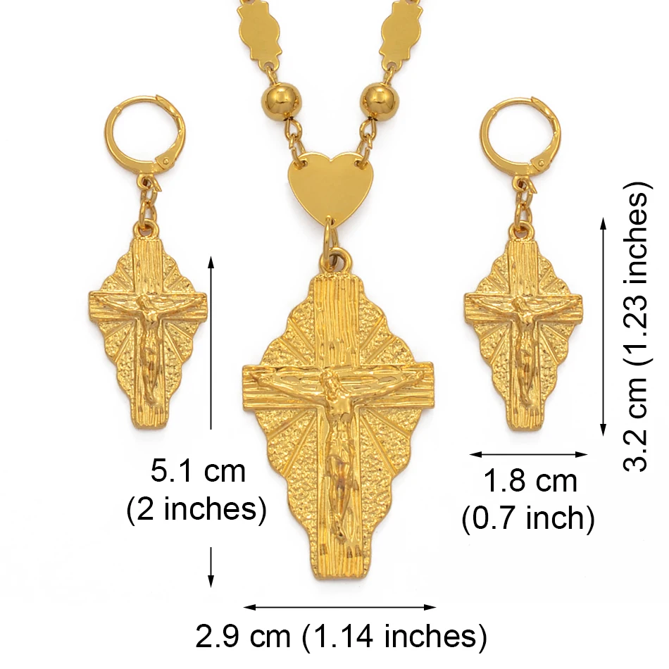 Anniyo Hawaii Jesus Jewelry Set Cross Pendant Necklaces Earrings Women Girls Gold Color Guam Micronesia Chuuk Pohnpei #212306