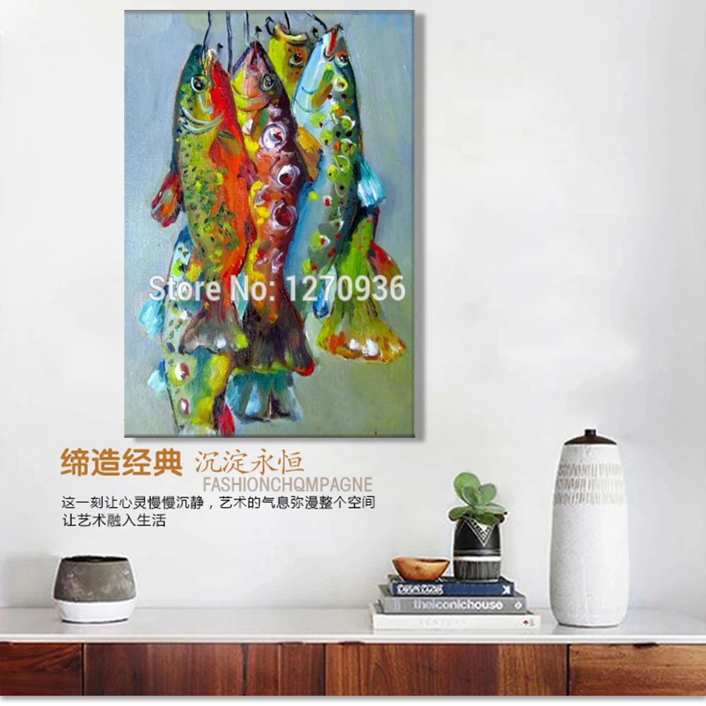 Handmade Beautiful Bright Colored Skinny Fish Oil Painting Decoration Hand-painted Four Fishes handing on the Blanches Painting