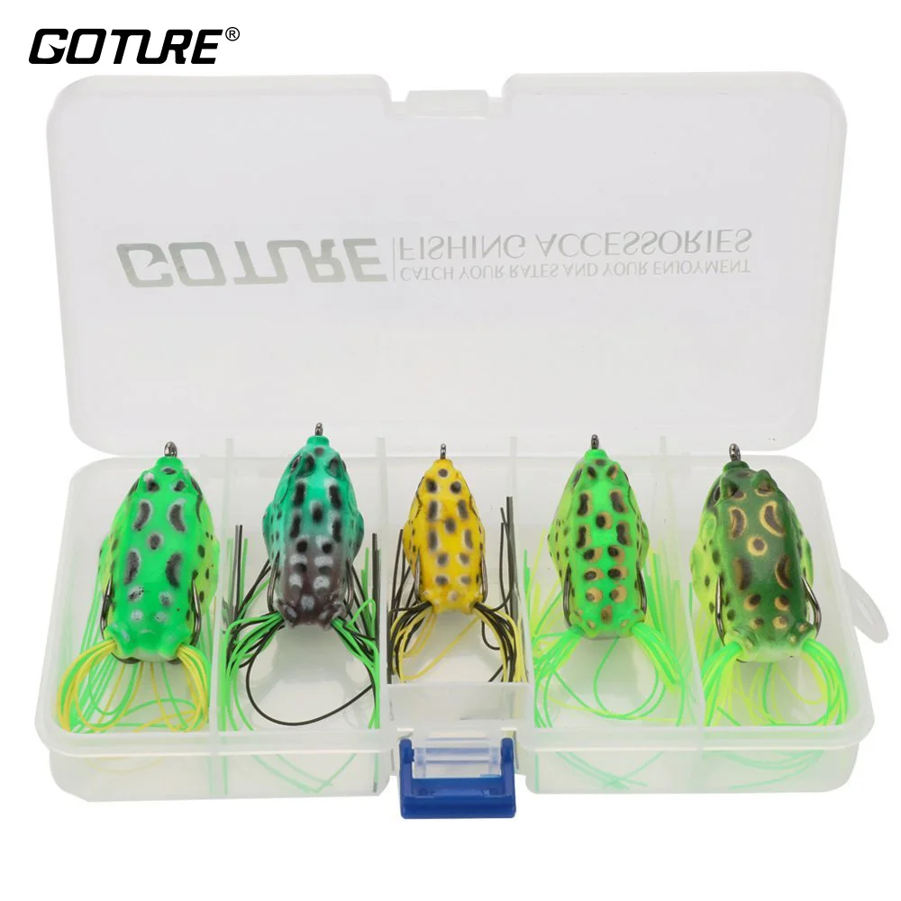 Goture Soft Fishing Lure Set Kit Top Water Frog Wobble Lure 5 Piece With Fishing Tackle Box for Carp Fishing