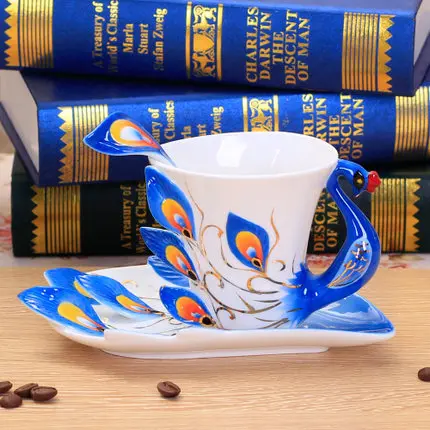 200ml Peacock Enamel Porcelain Coffee Set Ceramic Tea Milk Cups and Saucers With Spoons Creative China Bone Drinkware Gift