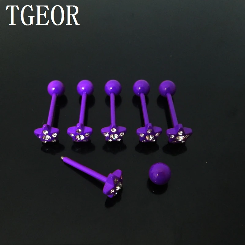 جديد 1 زوج 1.6*16*6/7 مللي متر نجمة جوهرة 6 بلورات اللسان الحديد الفولاذ المقاوم للصدأ مختلطة النيون ألوان ثقب اللسان خاتم شحن مجاني