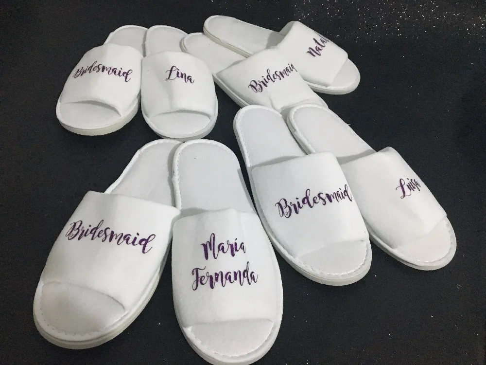 

Custom title name Wedding Bride Bridesmaid maid of honor Slippers Hen weekend Bachelorette Spa Slippers birthday party favors