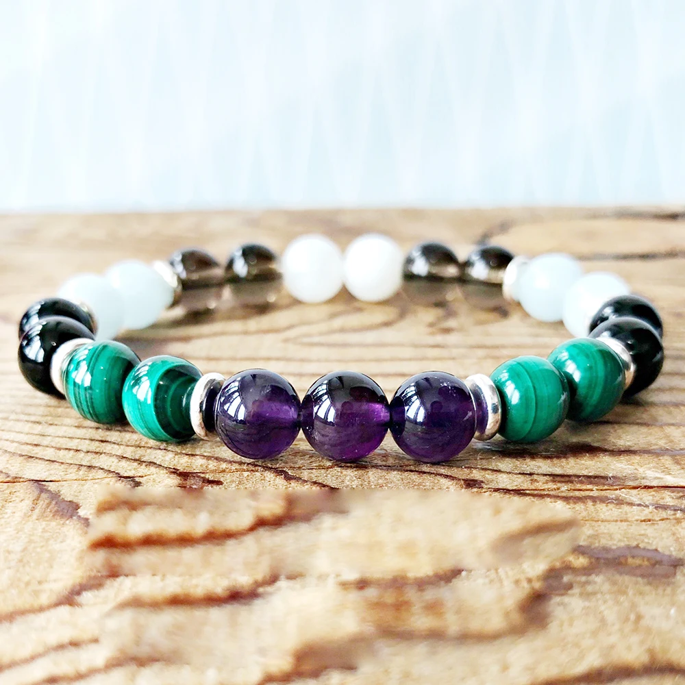 

MG0367 Natural 8 mm Malachite Moonstone Bracelet AAA Grand Gemstone Energy Bracelet Smokey Quartz Amethyst Bracelet